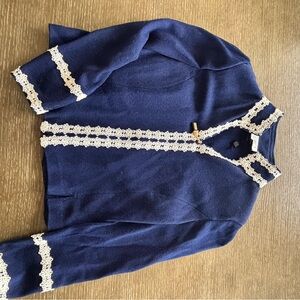 St. John Navy Sweater with Cream Lace Detail